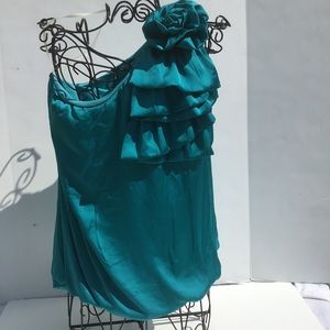 Queen Esther  one shoulder teal dress shirt Sz s